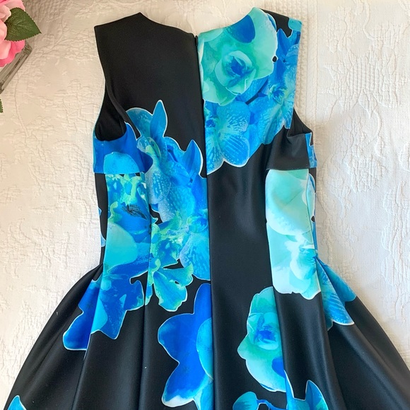 Calvin Klein Blue Floral Print Black Scuba Dress Sleeveless Fit n Flare sz 6 8 - Picture 6 of 16